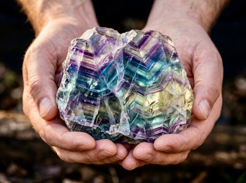 Hands hold a large piece of rainbow fluorite gemstone crystal with various colors and patterns in an outdoor setting during daylight