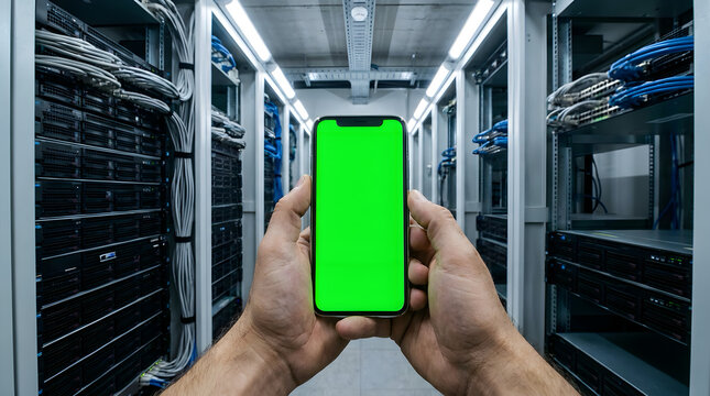 Hands holding green screen smartphone in a server room between racks with data center chroma key mobile phone information technology
