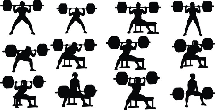 Fitness and weightlifting silhouette pattern with athletes exercising, training, and gym workout icons on white background