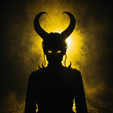 Mysterious Demon Woman Silhouette with Glowing Eyes in Dark Mis