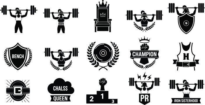 Set of black and white fitness and weightlifting logo emblems with barbell, crown, shield and gym badges
