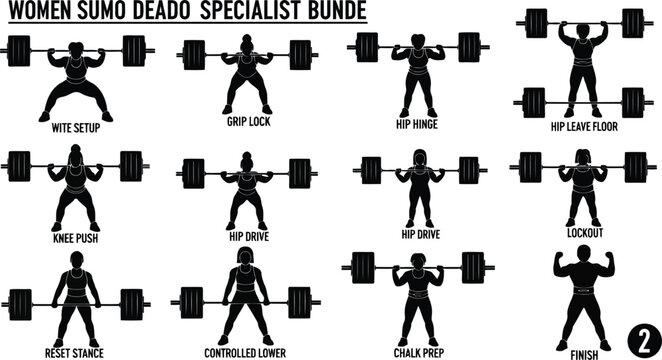 Female weightlifting silhouette set with sumo deadlift and strength training poses isolated on white