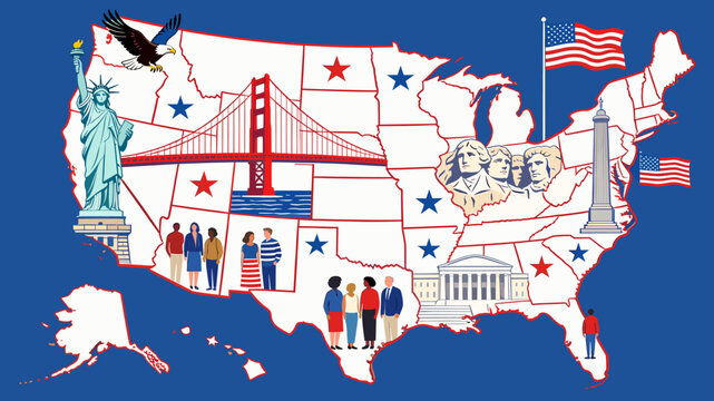 Vibrant illustration of the United States map featuring iconic landmarks, diverse people, and national symbols like the Statue of Liberty, Golden Gate Bridge, and Mount Rushmore.
