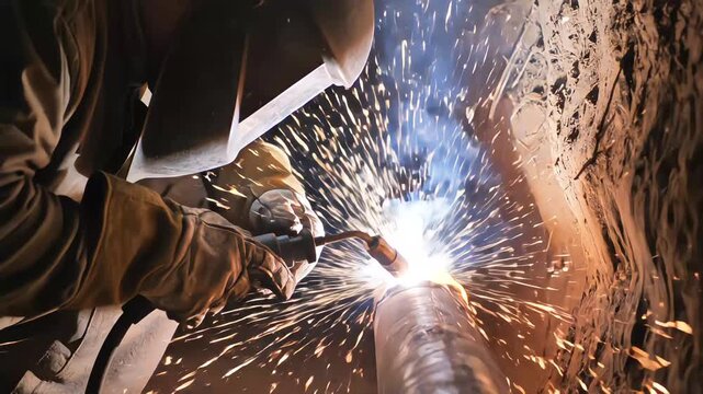 Close up of a professional welder in a protective helmet and gloves repairing a metal pipe in a dirt trench with bright flying sparks