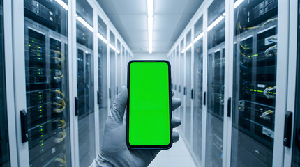 Obraz premium Person in a server room holding a smartphone with a green screen data center mobile phone chroma key gloved hands server racks
