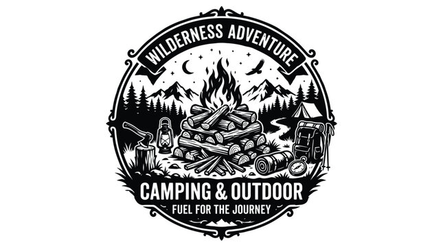 This detailed black and white illustration depicts a vintage badge design featuring a burning campfire surrounded by essential camping gear for a rugged wilderness outdoor adventure.