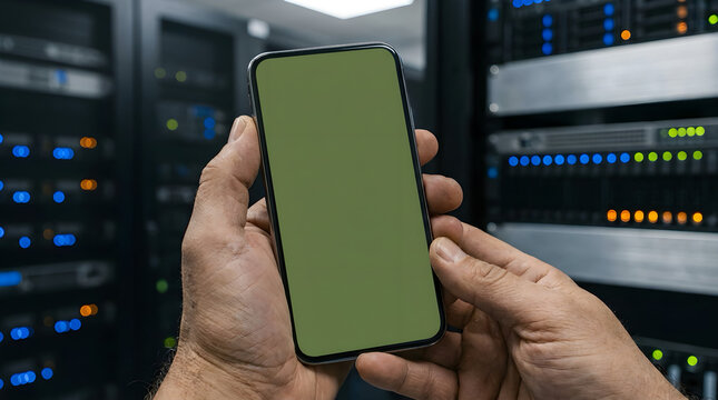 Close-up of hands holding a smartphone with a green screen in a server room mobile phone data center chroma key information technol