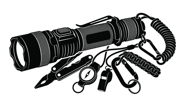 Detailed black and white graphic illustration featuring a tactical flashlight alongside essential outdoor survival gear like a compass whistle multi tool and sturdy metal carabiner clips
