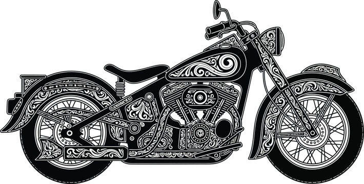 Ornate black and white vector of a custom motor cycle wheel and fender with intricate tribal patterns.