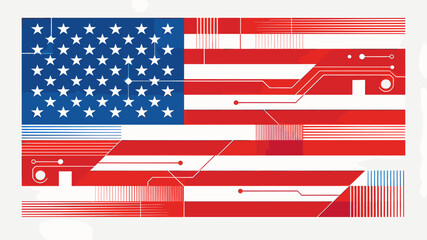 The American flag is depicted with a futuristic technological overlay, symbolizing innovation and digital advancement within the United States. © Sekardewi