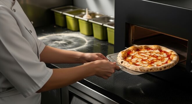 Pizza chef placing margherita pizza into stone oven for baking process