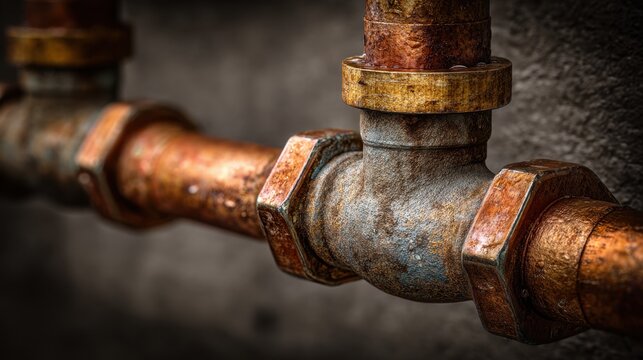 Detailed view of aged metallic plumbing pipe junctions with rust and corrosion against a dark industrial background showcasing wear and texture