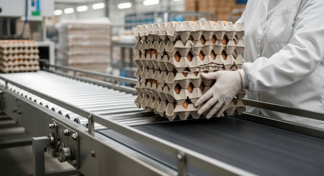 Egg carton stacks moving on conveyor belt with worker hands in food factory