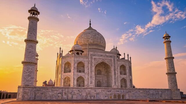 Taj Mahal mausoleum at sunrise with dramatic clouds