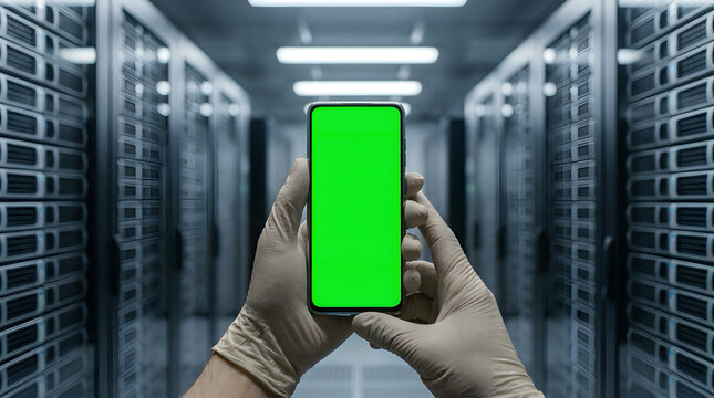 Gloved hands holding a smartphone with a green screen in a server room with rows of server racks data center server rack chome key