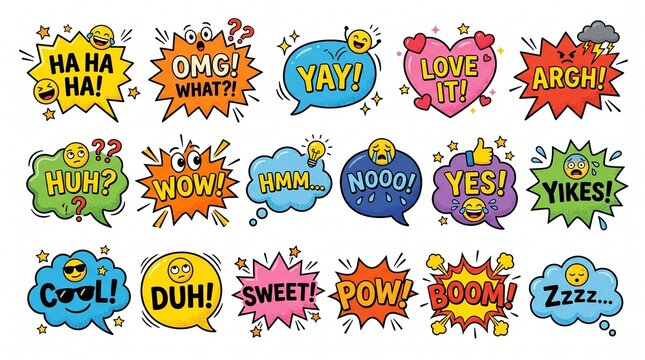A vibrant collection of colorful cartoon speech bubbles featuring diverse emotional exclamations and sound effects.