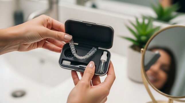 Hands holding dental aligner kit in bathroom