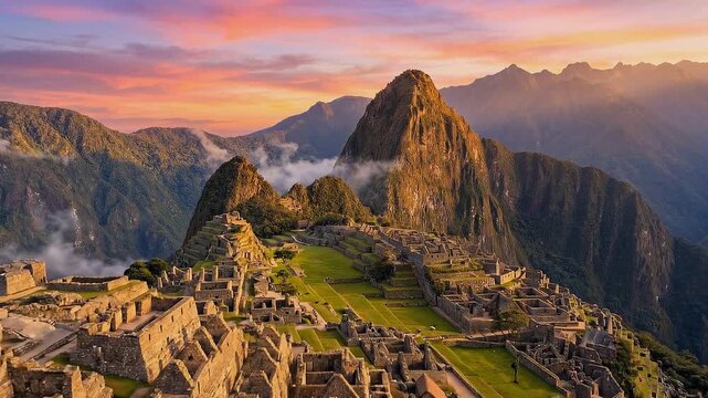 Machu Picchu ancient Inca citadel at sunrise with colorful sky