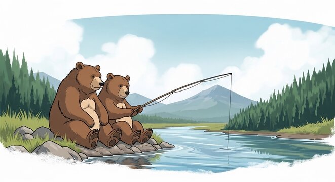 Bears fishing cartoon illustration