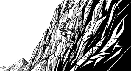 Man climbing a steep rocky mountain face in a striking black and white illustration. © lucky