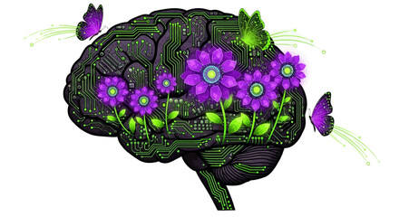 AI Brain with Blooming Digital Flowers and Butterflies © lucky