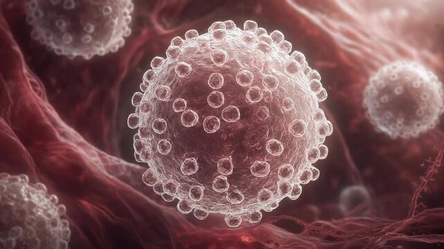 Microscopic View of HANTAVIRUS Particles Within Biological Tissue, Realistic and Cinematic Rendering of Viral Structures