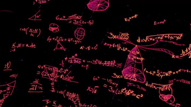 mathematics MATH meme overlay animation in layered algebra handwritten on chalkboard, pink red orange writing on black background