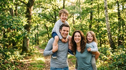 Fototapeta premium Happy Family Walking in Forest