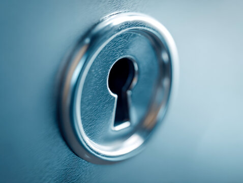 Shiny metallic keyhole on a smooth blue surface symbolizing security access and locked protection concept in soft natural light setting