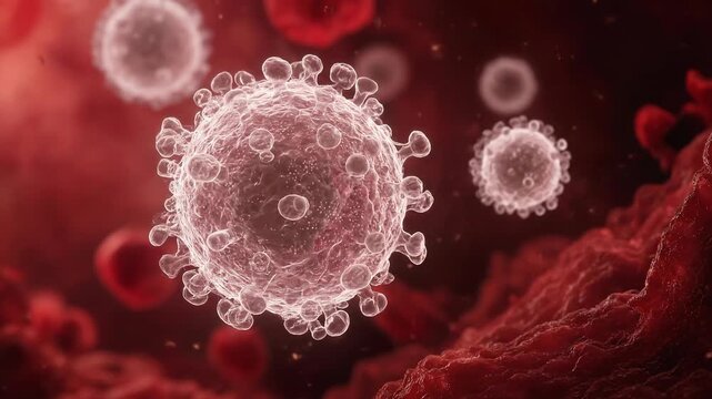 Ultra-realistic Cinematic Microscopic View of Hantavirus Particles Spreading, Depicting Viral Infection at a Cellular Level