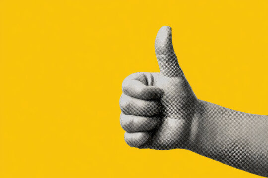 Child's hand shows thumbs up, class, like. Gesture isolated on yellow background. Modern design, positive. Art collage in magazine style