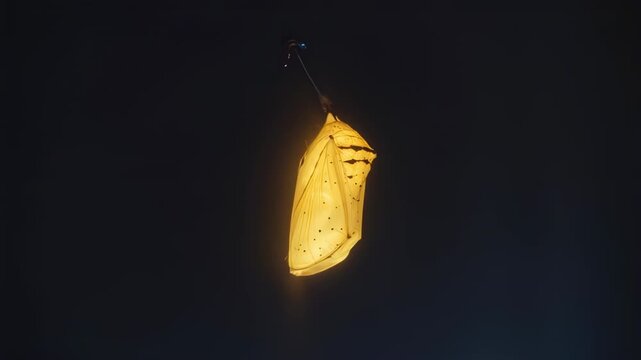 Pale yellow chrysalis hanging against a black background