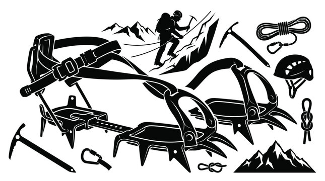 Detailed black silhouette graphic collection featuring essential mountaineering gear including sharp metal crampons ice axes climbing ropes safety helmets and a brave explorer scaling high peaks