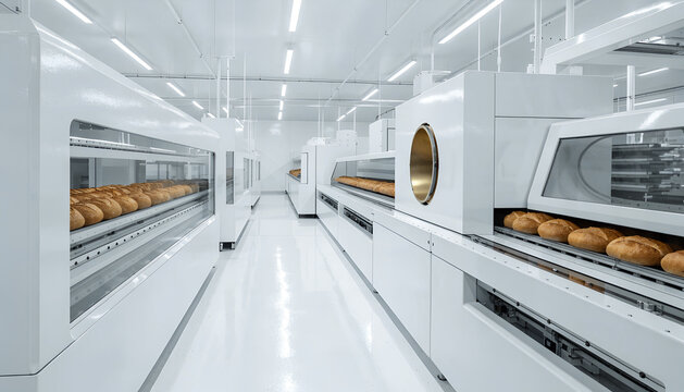 Automated industrial bread production line in a modern bakery facility