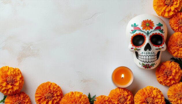 D&iacute;a de los Muertos flat lay frame with sugar skull, lit candle, and bright orange marigolds on light background with copy space