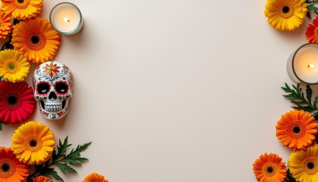 Mexican Day of the Dead horizontal banner featuring calavera skull and bright floral border with large text space