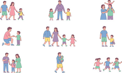 Fototapeta premium Family activities collection with parents and children walking playing caring and daily life moments cartoon illustration set