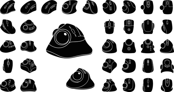 Trackball mouse icons set, ergonomic computer mice silhouettes for graphic design, gaming, tech hardware, peripheral devices vector illustrations isolated on white background,