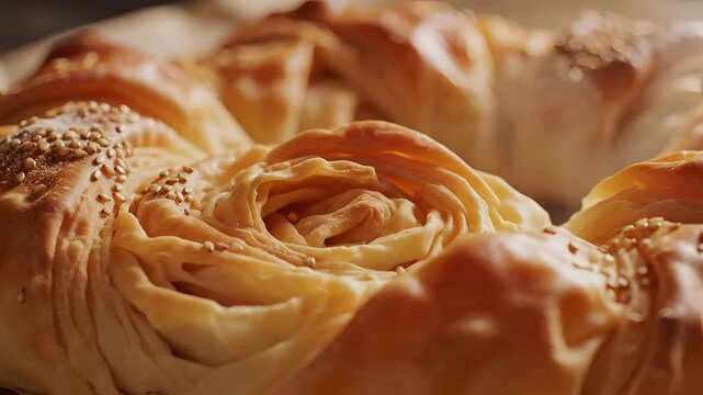Closeup of a goldenbrown baked bread with sesame seeds.