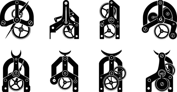Set of isolated clock mechanism silhouettes, vintage watch internal gears and mechanical parts for horology, watchmaking, engineering, and technical industrial repair concepts.