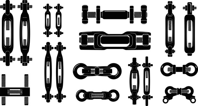 Set of industrial turnbuckle and rigging hardware silhouettes, adjustable tensioner bolts, screw eyes, shackles, and mechanical fastener icons isolated on white background.