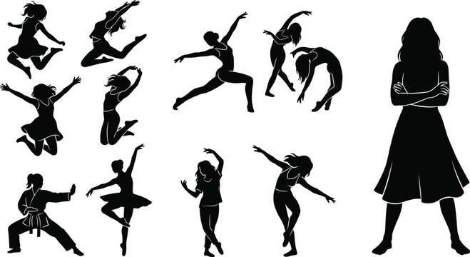 Female dancer silhouettes collection with jumping ballet modern dance and expressive poses isolated performance vector set