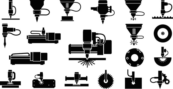 Industrial CNC laser cutting machine silhouettes set, metal plasma cutter tools, waterjet technology icons, automated manufacturing machinery, precision engineering equipment for factory workshop.