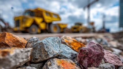 Fototapeta premium Multicolored construction rocks in sharp focus with blurred heavy yellow dump trucks and a cloudy sky in the background at a large industrial site