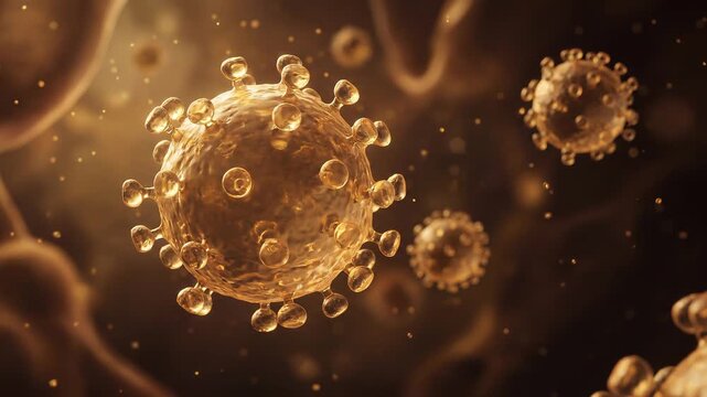 Cinematic close-up of HANTAVIRUS particle, detailed translucent biological structure in a microscopic environment
