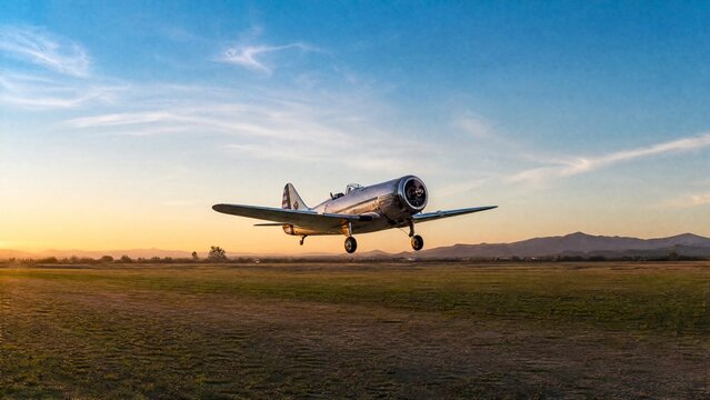 monoplane. Vintage monoplane taking off from a grassy airstrip at dawn against a vast sky. mobility guides, transit brochures, designed for mobility and urban transit guides, used by store managers.