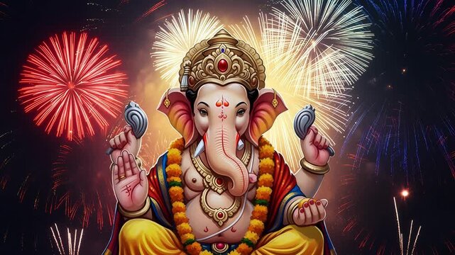 Lord Ganesha deity statue sitting with colorful fireworks in background. Hindu god celebration during religious holiday festival for worship and spiritual devotion.