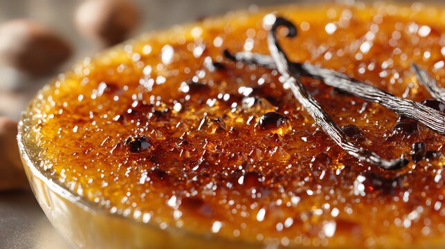 Deliciously caramelized creme brulee topped with vanilla and a crispy sugar crust.