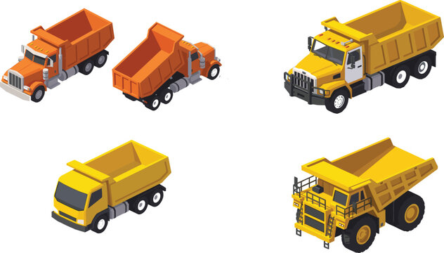 Isometric Dump Truck Collection Featuring Heavy Duty Construction, Mining, and Industrial Transport Vehicle Illustrations
