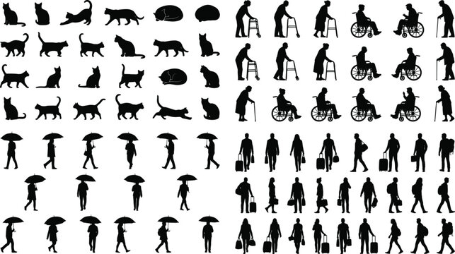 Large silhouettes collection of cats people with umbrellas elderly disabled travelers walking carrying luggage isolated vector set